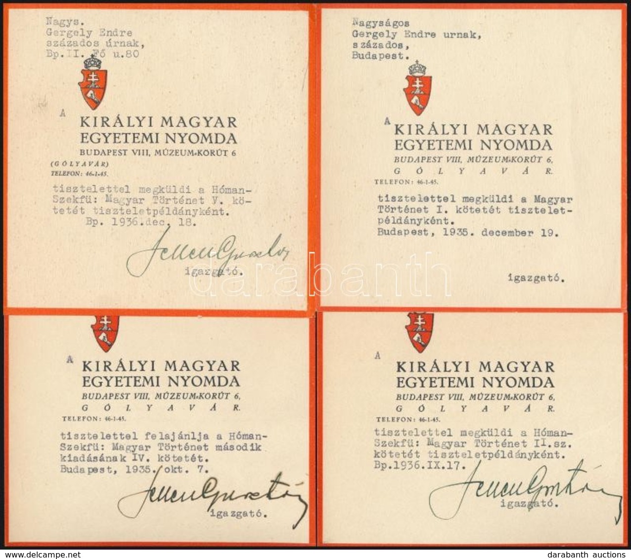 1936 Jenei Gusztáv és Czakó Elemér, A Kir. M. Egyetemi Nyomda Igazgatójának Saját Kézzel Aláírt Kártyái Amelyet A Hóman- - Zonder Classificatie