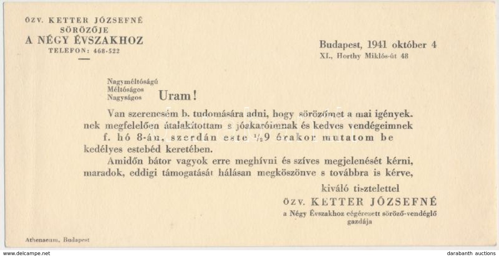 1941 XI. Négy évszak Sörkert Reklámnyomtatvány - Non Classés