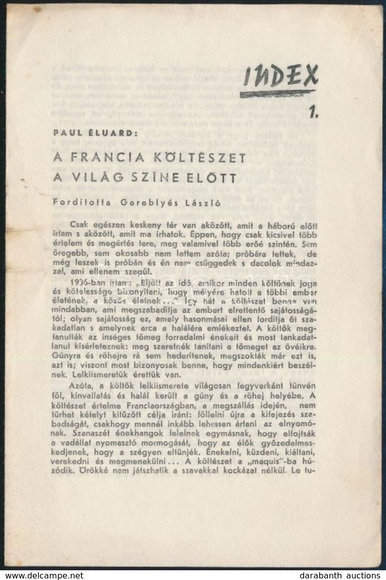 1946 Az Index Röpirat- és Vitairat Könyvtár 1. Száma, Mely A Szürrealizmust Taglalja, 4p - Non Classés