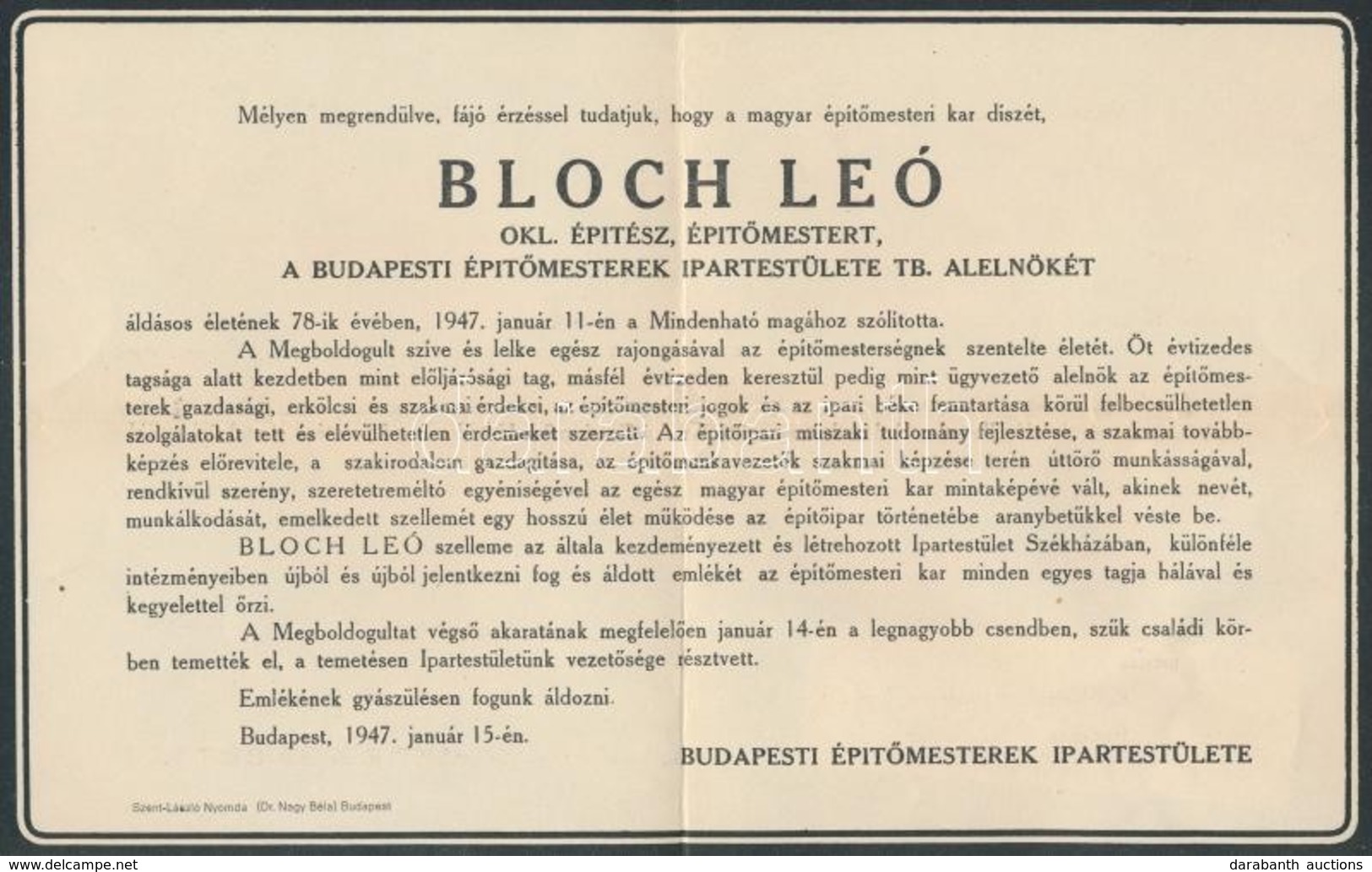 1947 Bp., Bloch Leó Okleveles építész Halotti értesítője - Zonder Classificatie