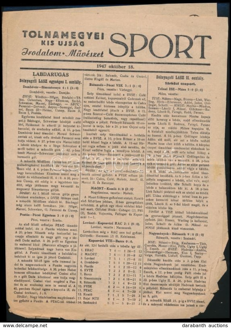 1947 Tolnamegyei Kis Újság Sport 1947. Okt. 18., Nov. 22., Hajtásnyommal, Az Egyik Szám Szélein Szakadással, 2x4 Sztl. L - Non Classés