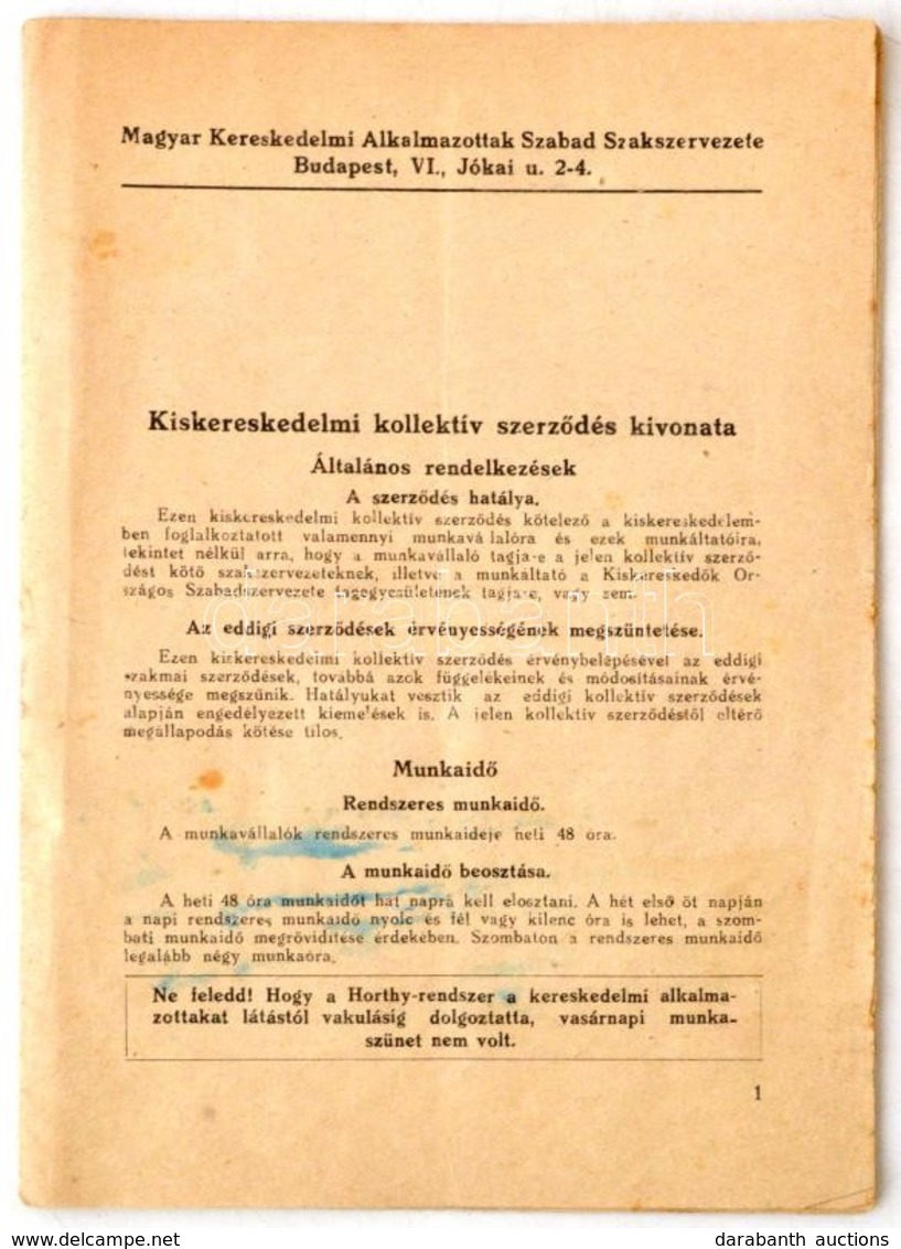 Cca 1950 Kiskereskedelmi Kollektív Szerződés Kivonata, Pp.:16, 20x15cm - Zonder Classificatie