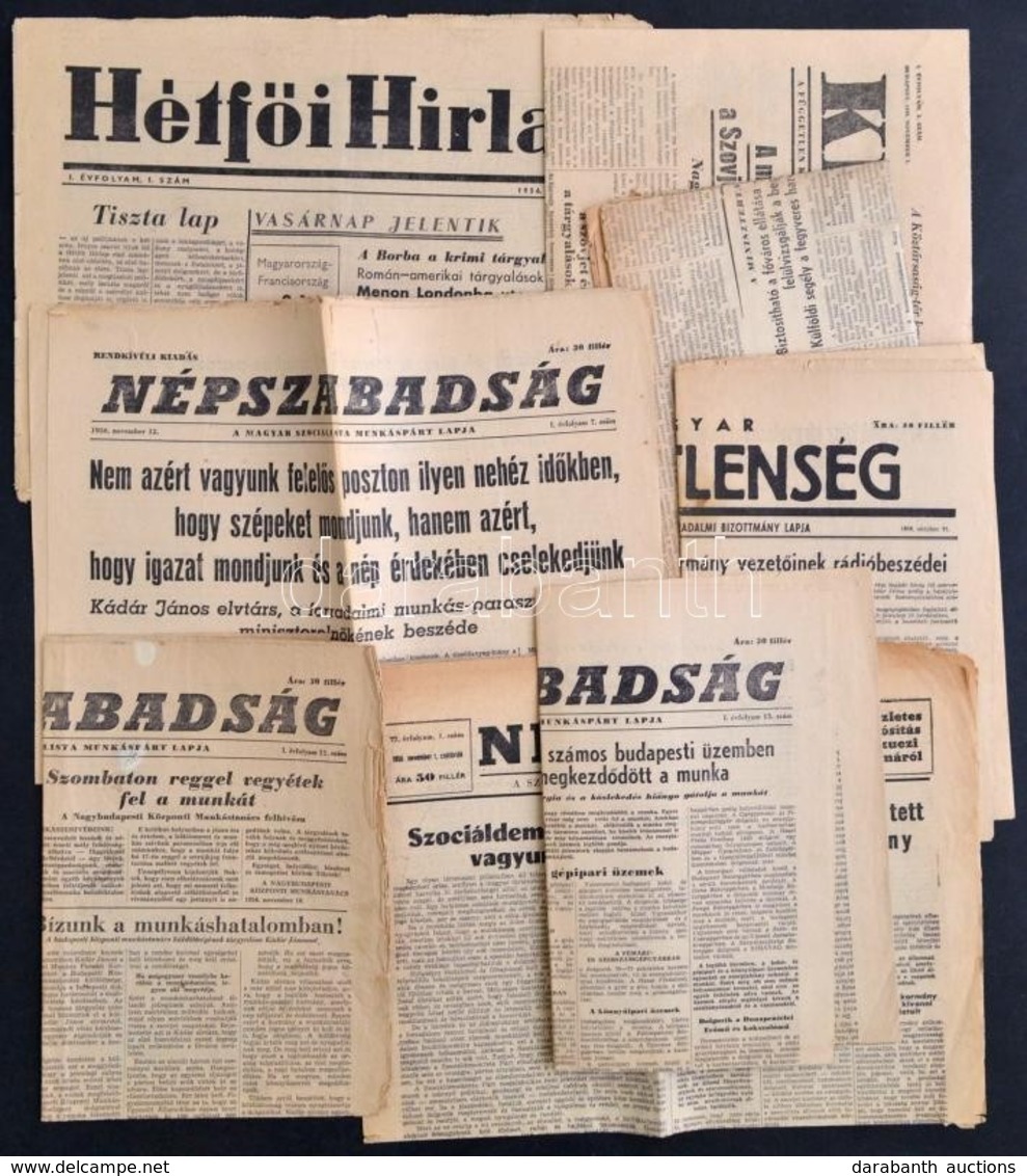 1956 Vegyes 1956-os újság Tétel, 9 Db, Közte Hétfő Hírlap I. évf. 1. Szám, 1956. Okt. 8., 
Magyar Függetlenség I. évf. 3 - Zonder Classificatie