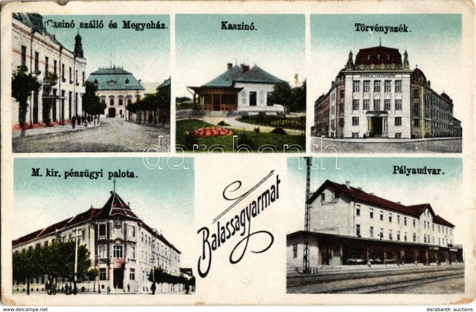 T2/T3 1931 Balassagyarmat, Casino Szálloda és Megyeház, Kaszinó, Törvényszék, M. Kir. Pénzügyi Palota, Pályaudvar, Vasút - Non Classés