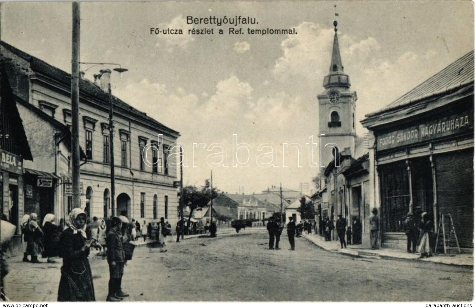 T2/T3 1931 Berettyóújfalu, Fő Utca, Református Templom, Fodor Sándor Nagyáruháza, Illyés Károly Cipész - Non Classés