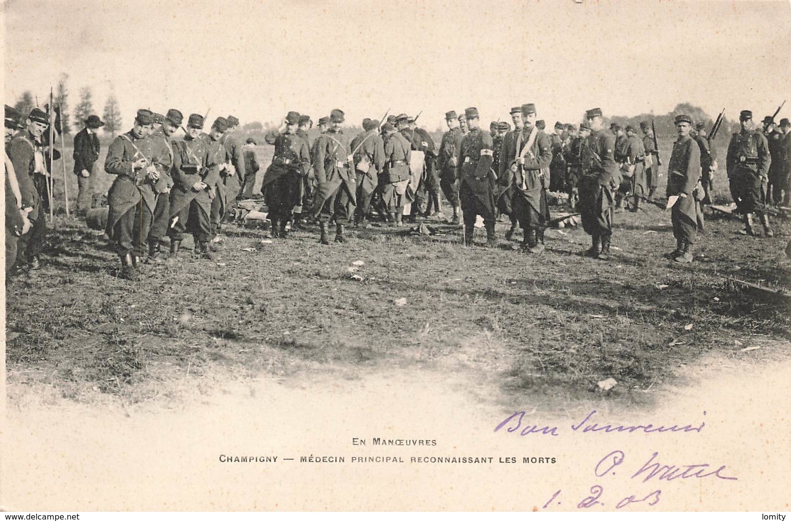 Militaire Militaria En Manoeuvres Champigny Médecin Principal Reconnaissant Les Morts 1903 - Manoeuvres