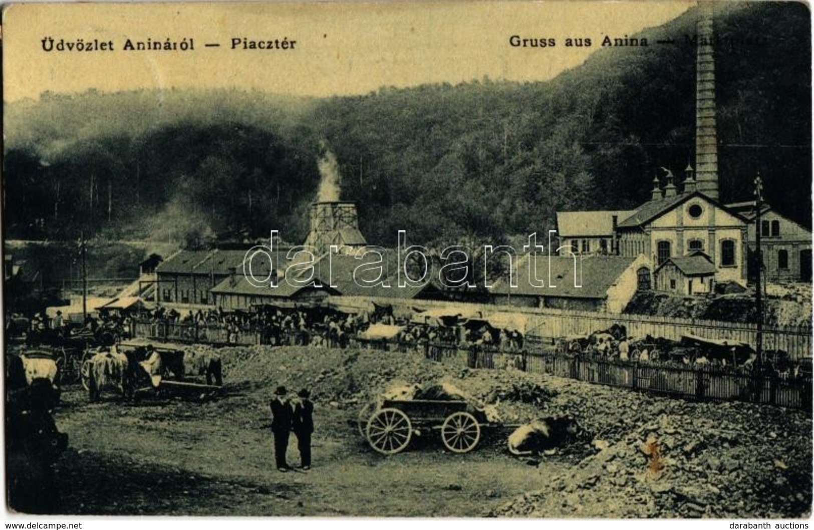 T2 1911 Anina, Stájerlakanina, Steierdorf; Piac Tér árusokkal, Háttérben A Gyár. Kaden József Kiadása 9588. / Market Wit - Non Classés