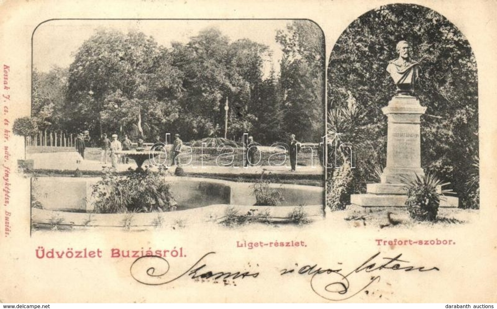 T2/T3 1903 Buziás, Liget Részlet, Trefort Szobor. Kossak J. Fényképész / Park With Statue - Non Classés