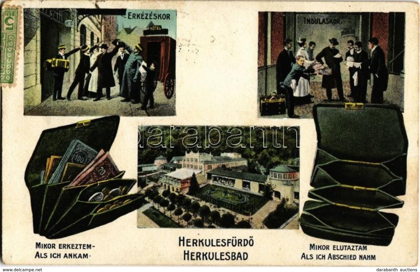 T2/T3 Herkulesfürdő, Baile Herculane; Érkezéskor és Induláskor, Humoros Lap Pénztárcával / On Arrival And Departure, Hum - Sin Clasificación