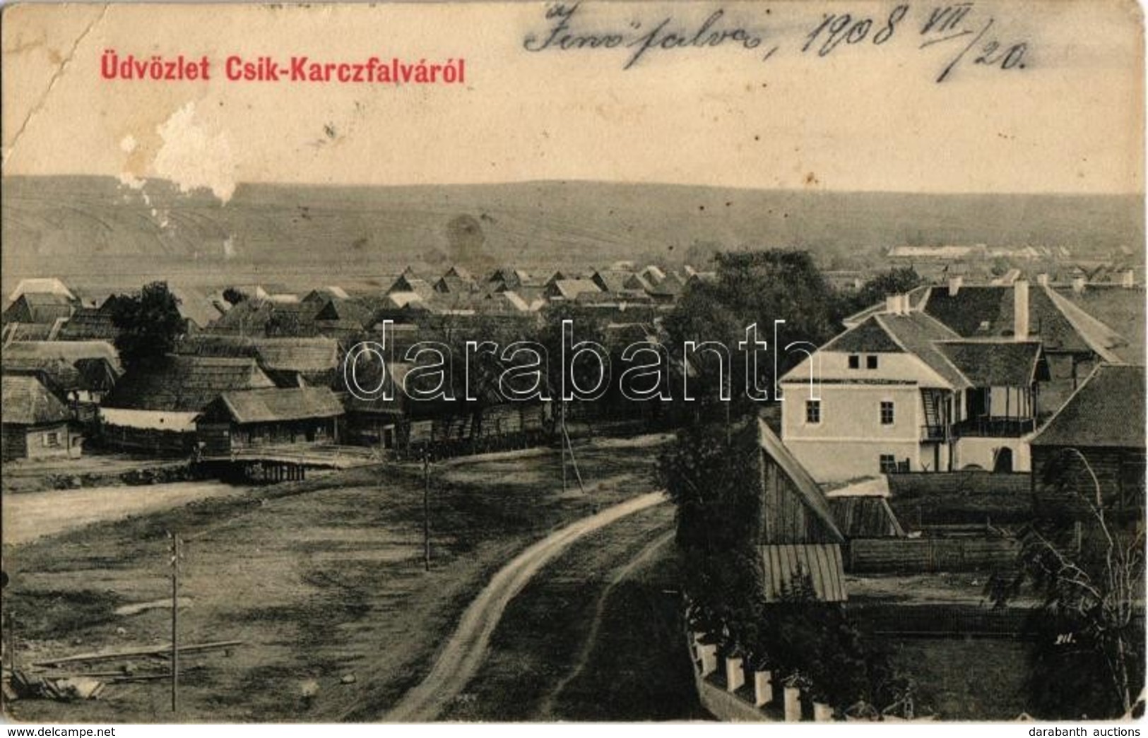 * T3 1908 Karcfalva, Csíkkarcfalva, Carta; Utcakép, Fahíd. Brassói Lapok Kiadása / Street View, Wooden Bridge (EK) - Zonder Classificatie