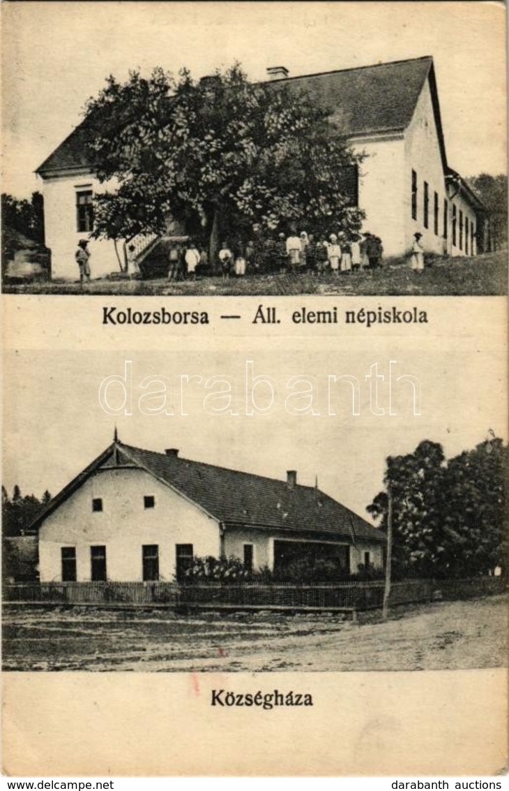 * T2/T3 Kolozsborsa, Borsa; Állami Elemi Iskola, Községháza. Kiadja Ábrahám M. özvegye / School, Town Hall (EK) - Zonder Classificatie