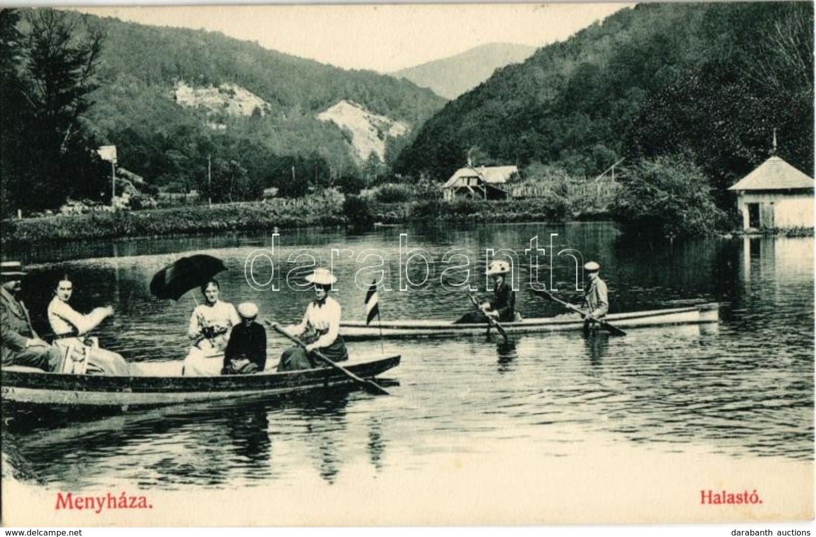 T2 1908 Menyháza, Moneasa; Halastó, Csónakázók Magyar Zászlóval / Lake, Boat With Hungarian Flag - Zonder Classificatie