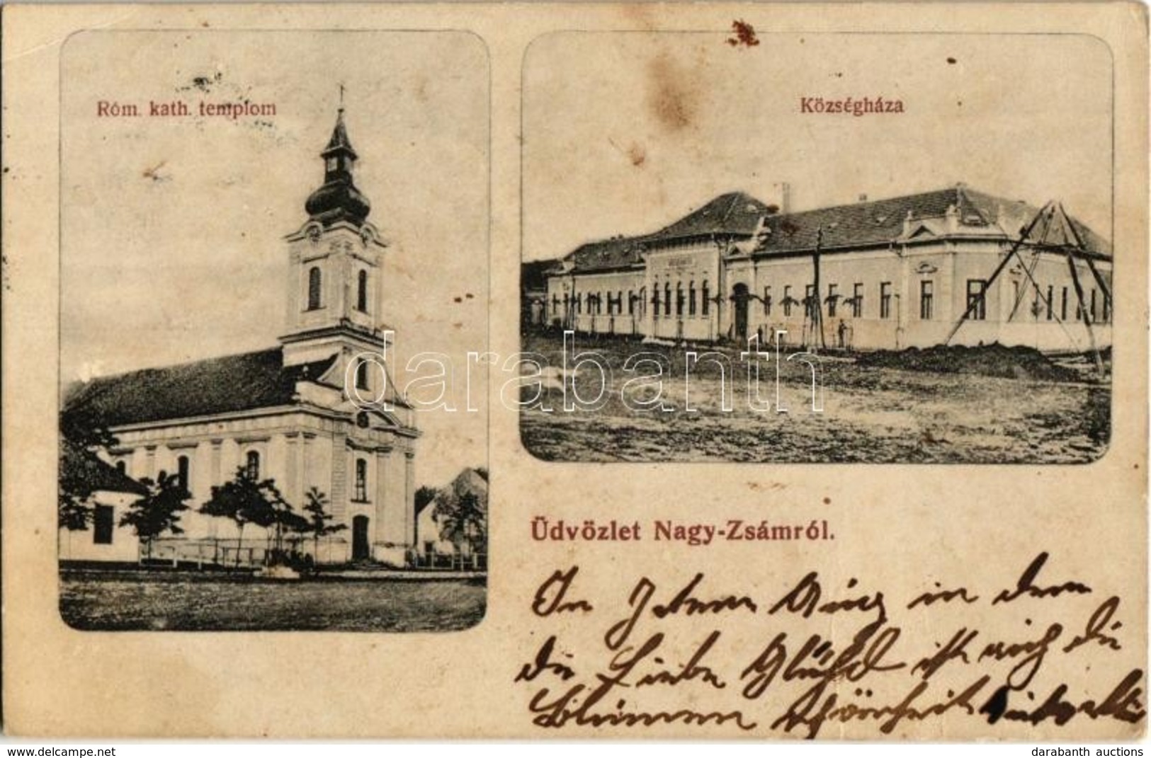 T2/T3 1912 Nagyzsám, Großscham, Sama, Jamu Mare; Római Katolikus Templom, Községháza / Catholic Church, Town Hall (gyűrő - Zonder Classificatie