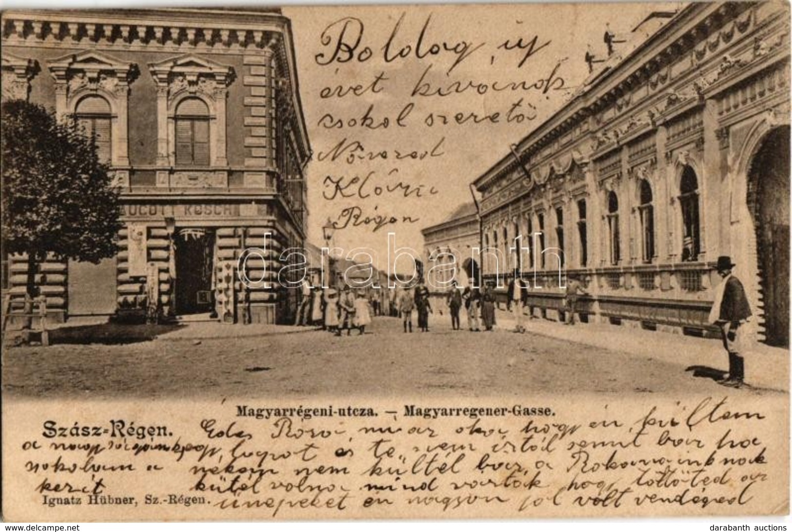 T2 1903 Szászrégen, Reghin; Magyarrégeni Utca, C. Traugott Kosch üzlete / Street, Shop - Zonder Classificatie