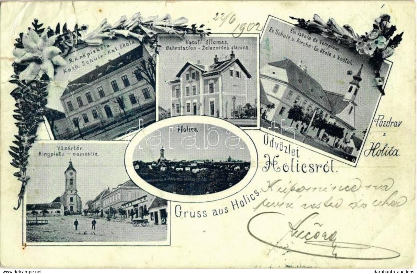 * T3 1902 Holics, Holic; Kath. Schule, Bahnstation, Bahnhof, Ev. Schule U. Kirche, Ringplatz / Kat. Skola, Zeleznicná St - Non Classés