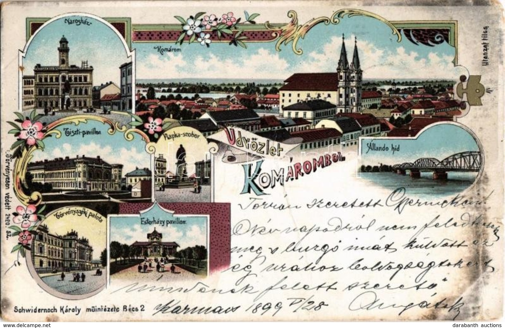 T3 1899 Komárom, Komárnó; Városház, Állandó Híd, Klapka Szobor, Tiszti Pavilon, Törvényszéki Palota, Esterházy Pavilon / - Unclassified