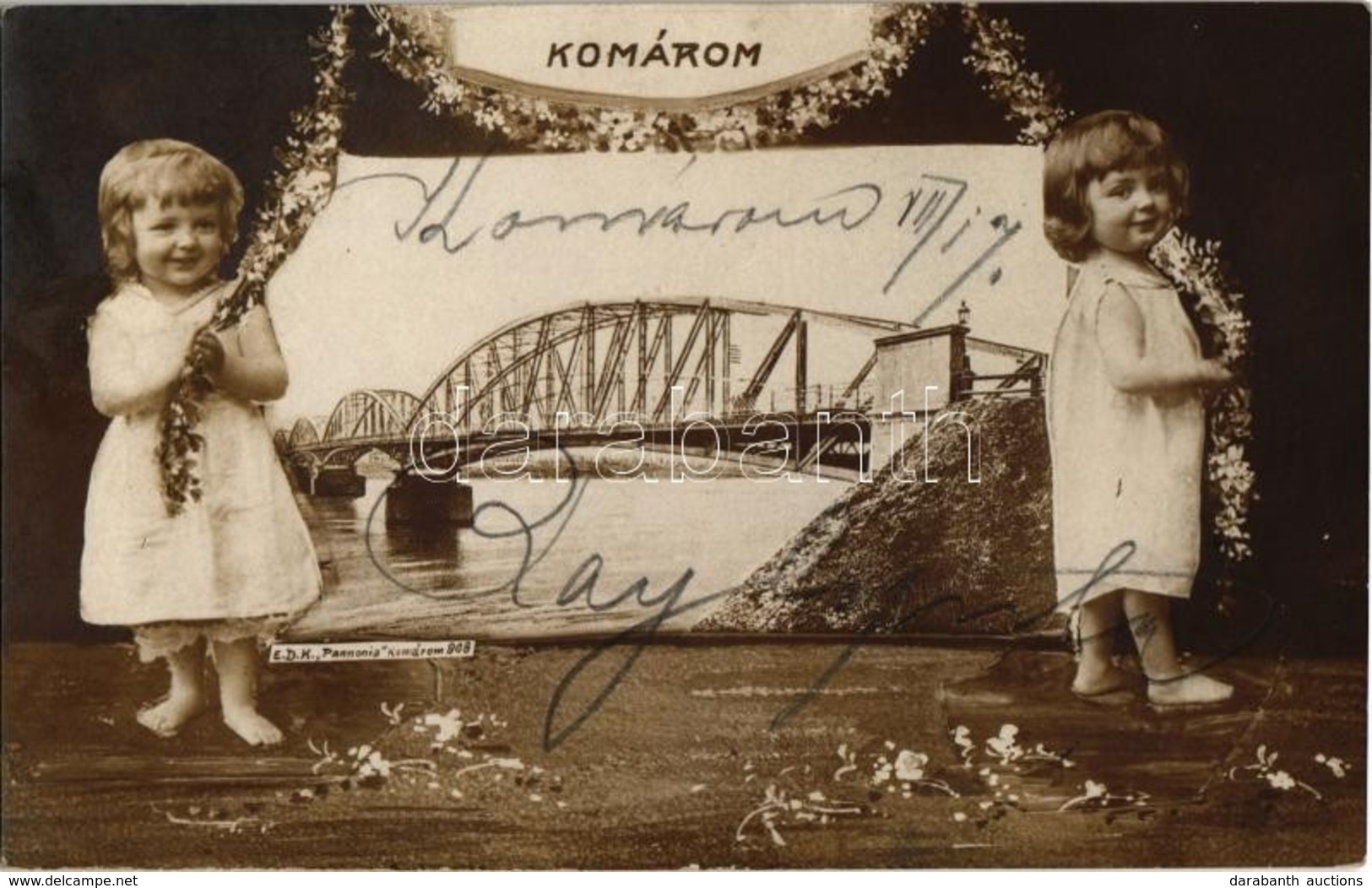 T2 Komárom, Komárnó; Híd. Montázs Kislányokkal és Virágokkal / Bridge. Montage With Little Girls, Floral - Non Classés