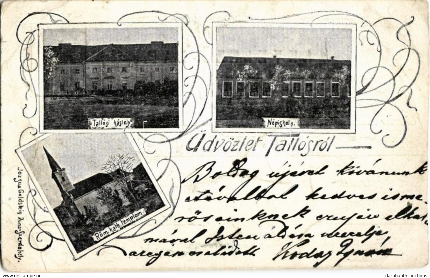 T3 1900 Tallós, Tomásikovo; Esterházy Kastély, Iskola, Római Katolikus Templom. Kiadja Józsua Goldstein / Castle, School - Non Classés