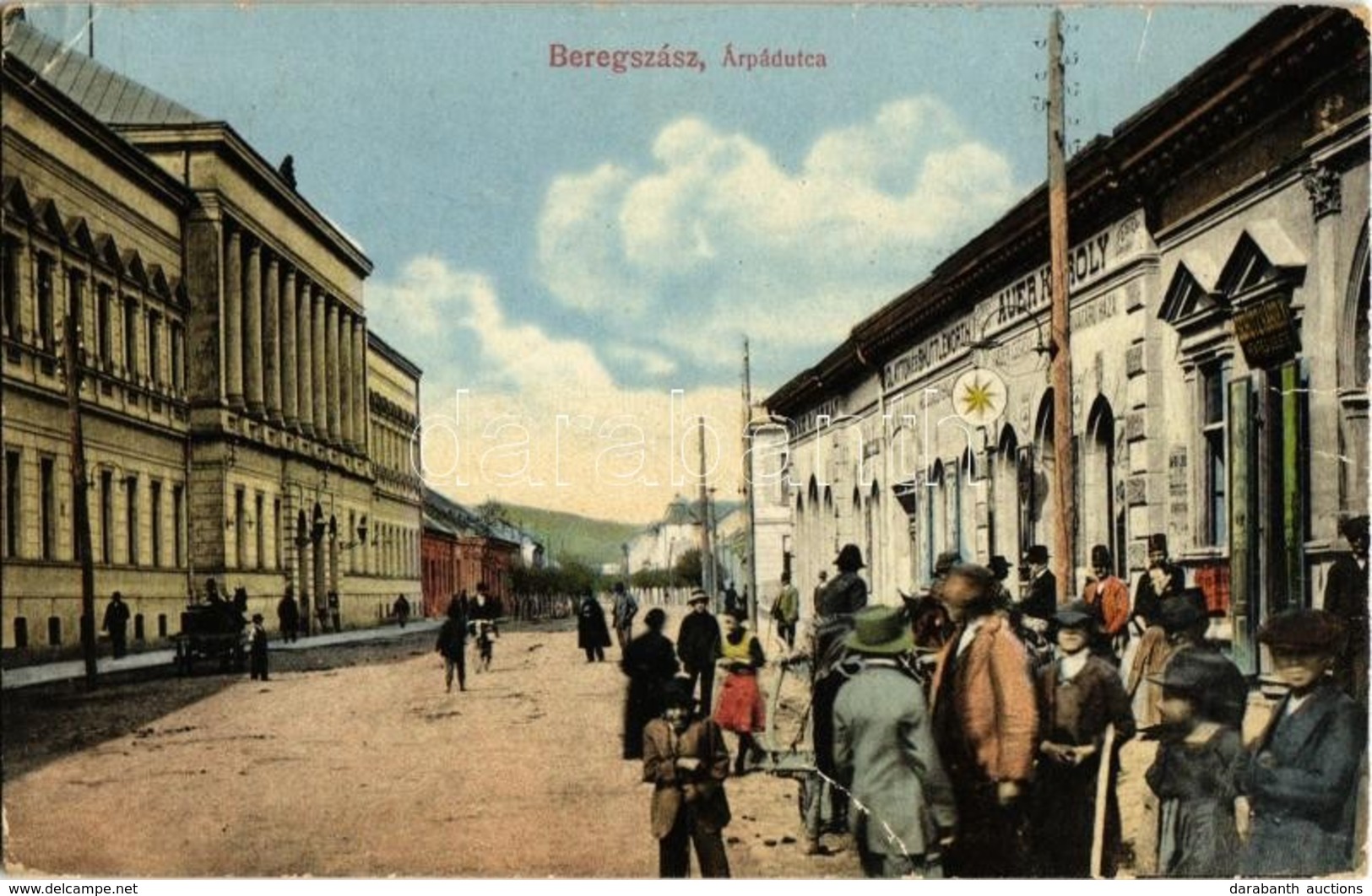 T2/T3 1915 Beregszász, Berehove; Árpád Utca, Auer Károly, Schutz Károly üzlete, Kávéház. Kiadja Farkas és Földes / Stree - Sin Clasificación