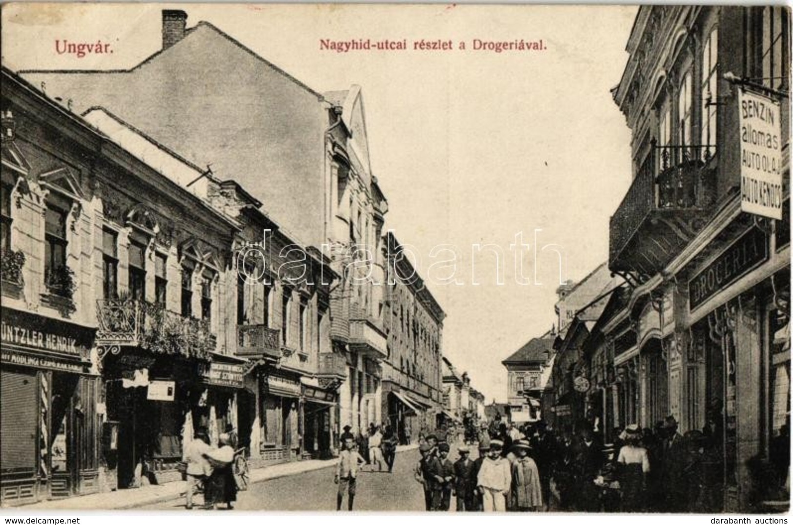 * T3 1913 Ungvár, Uzshorod, Uzhorod; Nagyhíd Utca, Goldstein Miksa, Güntzler Henrik üzlete, Drogéria (gyógyszertár), Utc - Zonder Classificatie