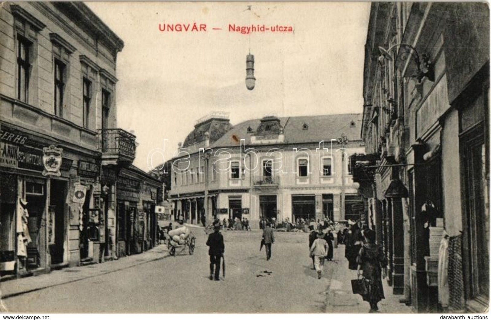 T2/T3 1915 Ungvár, Uzshorod, Uzhorod;  Nagyhíd Utca, Kornfeld, Schwartz üzlete, Bercsényi Szálloda, étterem és Kávéház.  - Non Classés