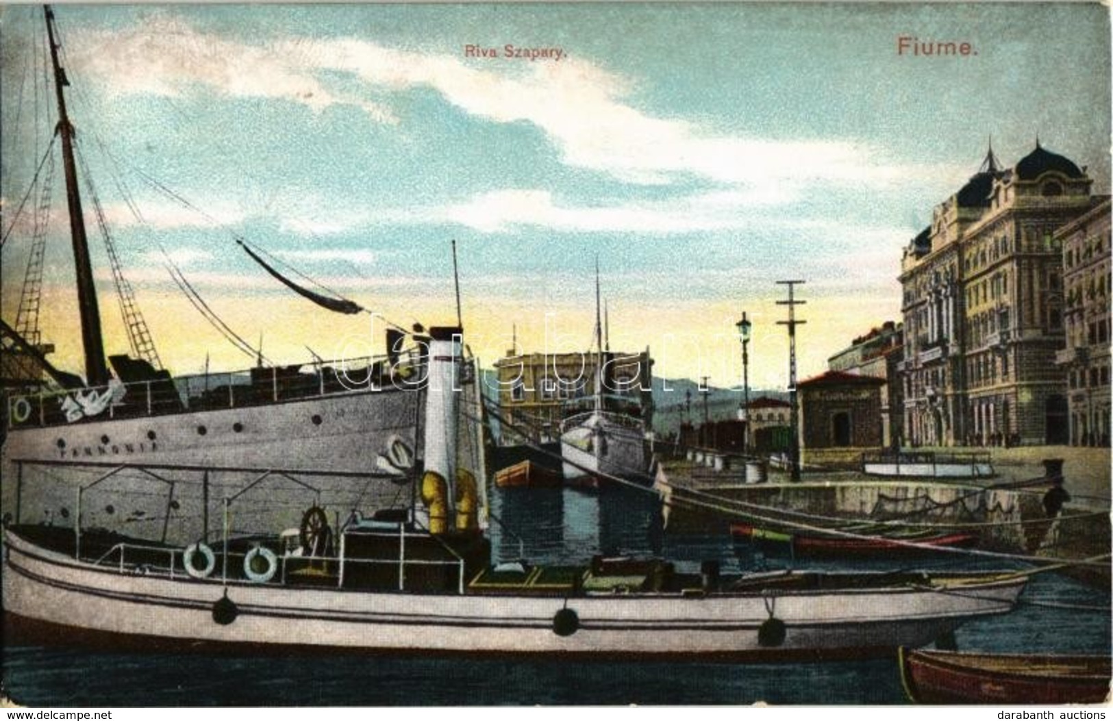 T2 1912 Fiume, Rijeka; Riva Szapáry, Pannónia Kivándorlási Hajó A Kikötőben / Emigration Ship Cunard Line SS Pannonia In - Unclassified