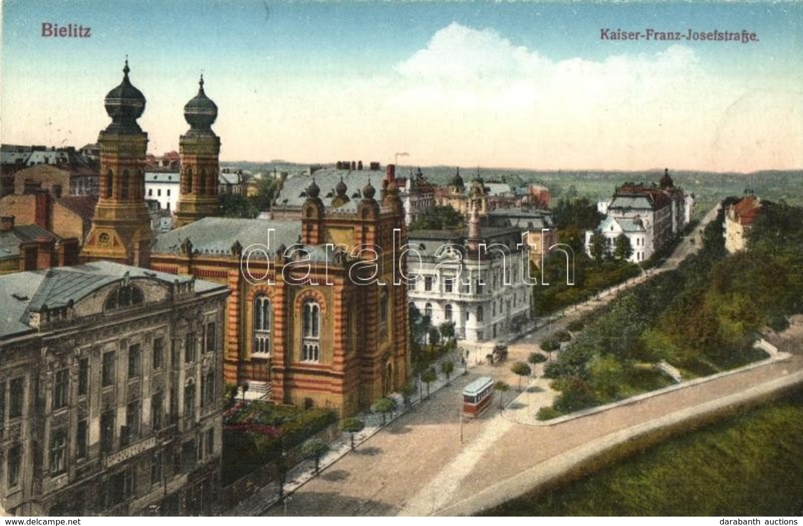 T2/T3 Bielsko-Biala, Bielitz; Kaiser Franz Josefstrasse, Zahntechnisches Atelier / Street View With Synagogue, Tram, Den - Unclassified