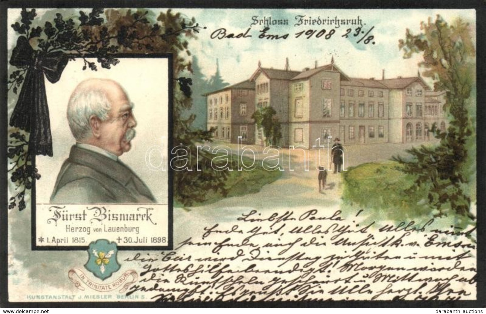 T2 Friedrichsruh, Schloss, Fürst Bismarck / Castle, Bismarck Obituary Card, Kunstanstalt J. Miesler Floral Litho - Unclassified