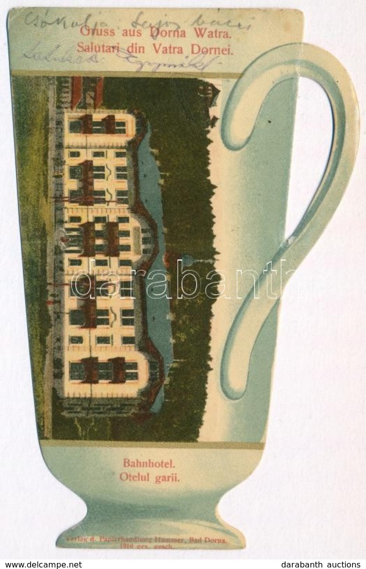 T2/T3 Vatra Dornei, Dornavátra, Dorna-Watra; Bahnhotel / Otelul Garii / Railway Hotel. Beer Glass Shape Postcard (EK) - Zonder Classificatie