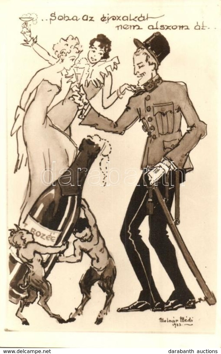 ** T2 1933 Soha Az éjszakát Nem Alszom át! Humoros Katonai Karikatúra, Rozét Tartó Krampusszal / Hungarian Humorous Mili - Non Classés