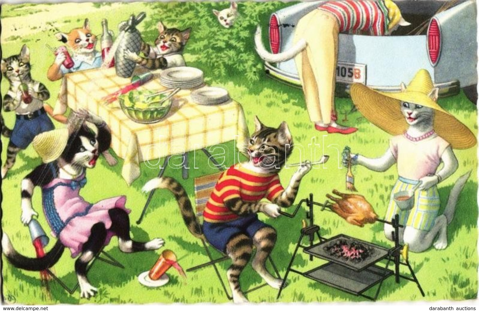 T2/T3 Cat Family Picnic. Alfred Mainzer ALMA 4890. - Modern Postcard (EK) - Zonder Classificatie