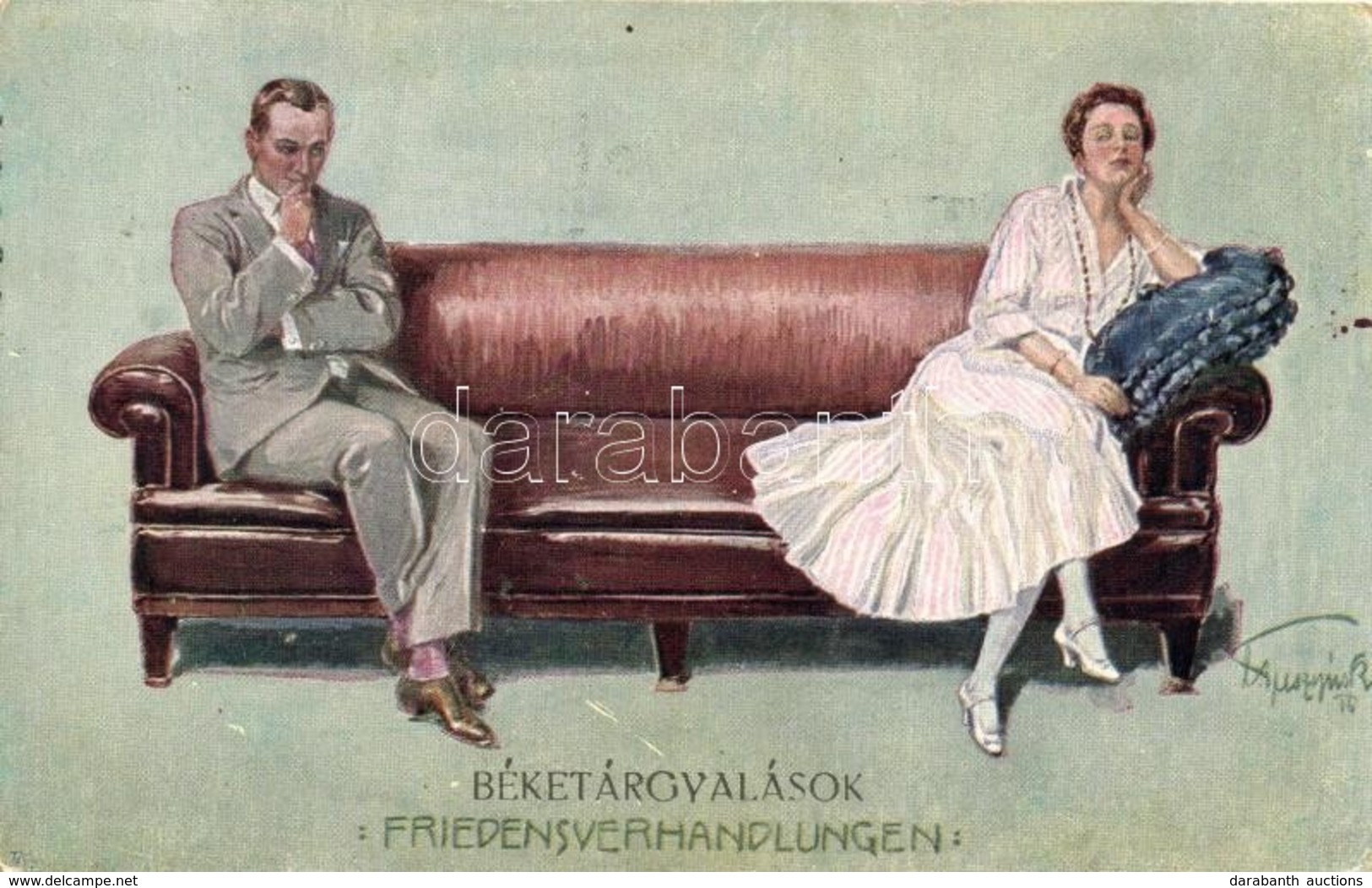 T2/T3 'Béketárgyalások' Romantic Couple Postcard, Humour, Artist Signed - Zonder Classificatie