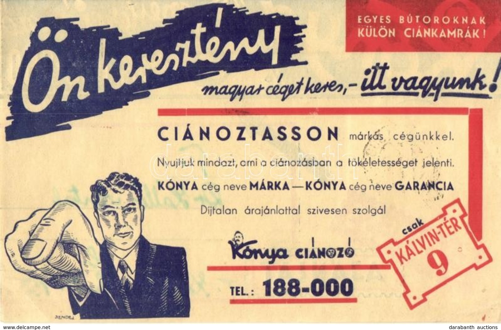 * T2 Kónya Mester Ciánozó üzlete. Keresztény Magyar Cég. Budapest, Kálvin Tér 9. / Hungarian Cyan Shop Advertisement - Zonder Classificatie