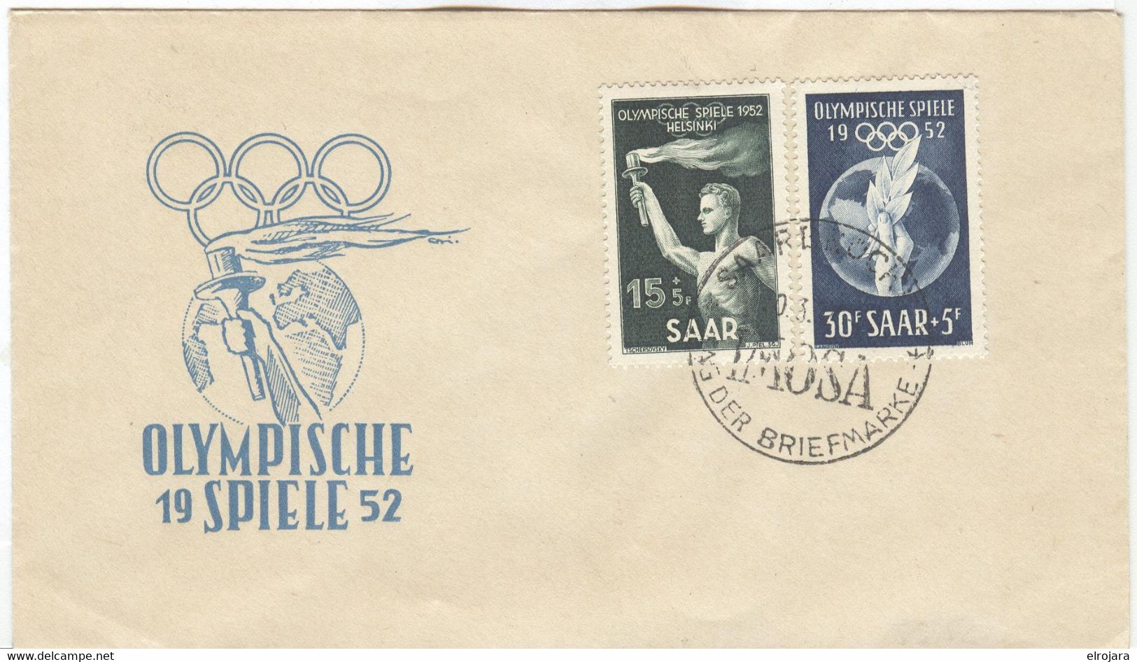 Saar Olympic Cover With The Olympic Set And Cancel Saarbrücken Tag Der Briefmarke IMOSA - Sommer 1952: Helsinki