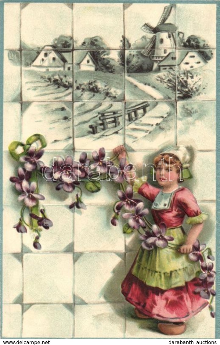 T2/T3 Dutch Folklore, Windmill, Floral, Emb. Litho (EK) - Zonder Classificatie