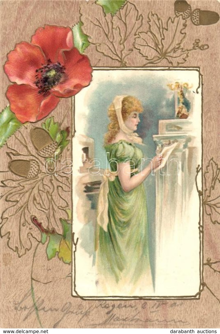 T2 Lady, Art Nouveau, Floral Greeting Card, Emb. Litho - Unclassified