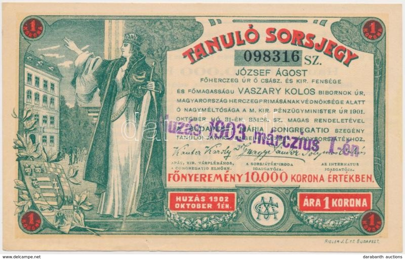 Budapest 1903. 'Tanuló Sorsjegy' 1K értékben, Felülbélyegzéssel T:I- - Unclassified