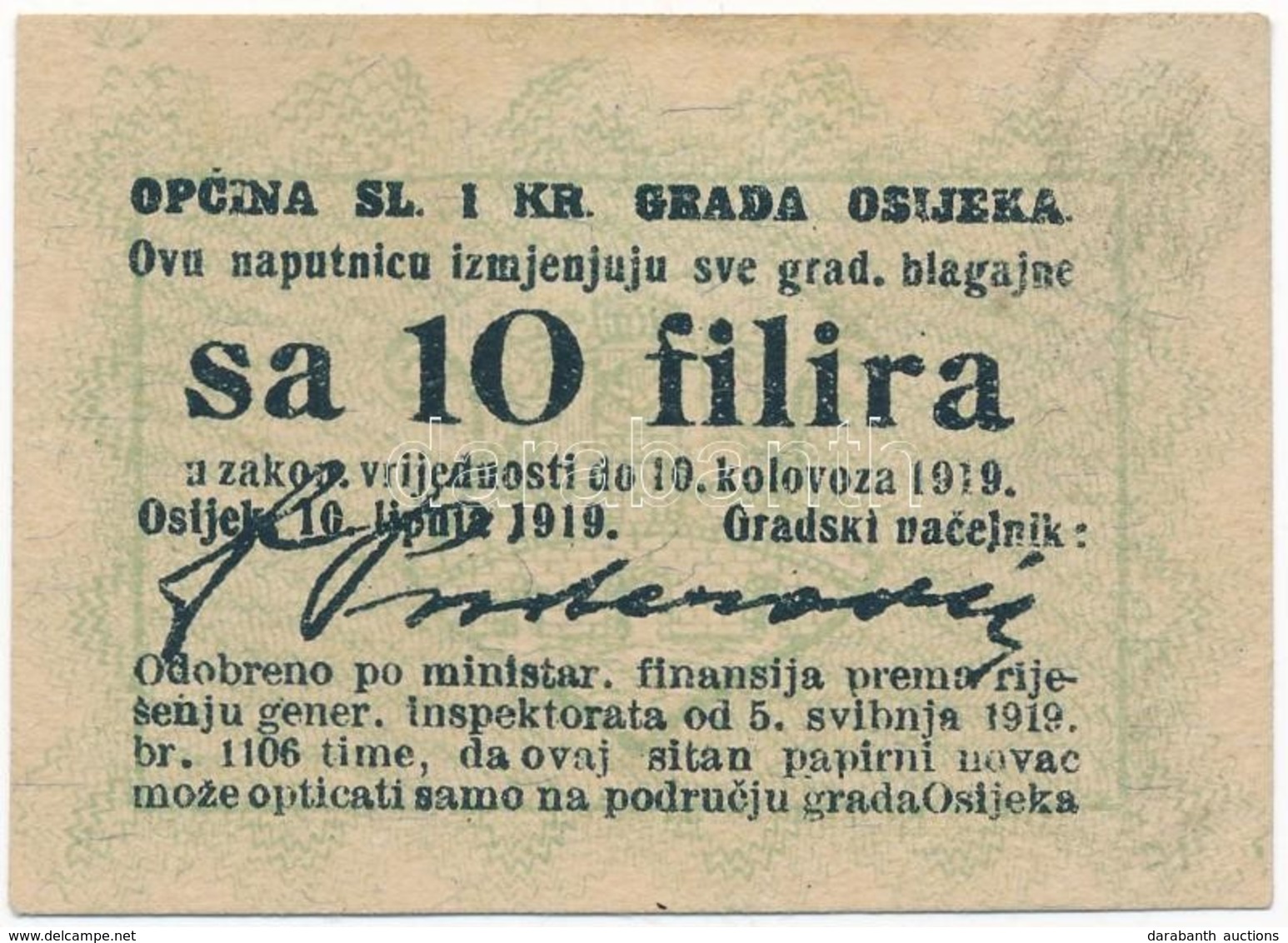 Eszék 1919. 10f T:I-
Osijek 1919. 10 Filira C:AU - Unclassified