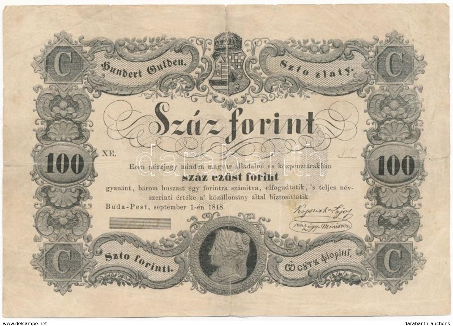 1848. 100Ft 'Kossuth Bankó' T:III-,IV Több Ragasztással
Hungary 1848. 100Ft 'Kossuth Banknote' C:VG,G Sticked In Several - Non Classés