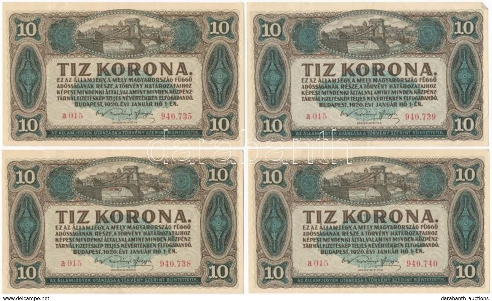 1920. 10K (4x) Közte 3db Sorszámkövető és 1db Közeli Sorszám T:II,II- - Sin Clasificación