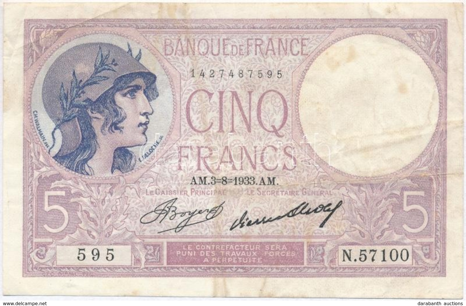 Franciaország 1933. 5Fr T:III
France 1933. 5 Francs C:F
Krause 72.e - Non Classés