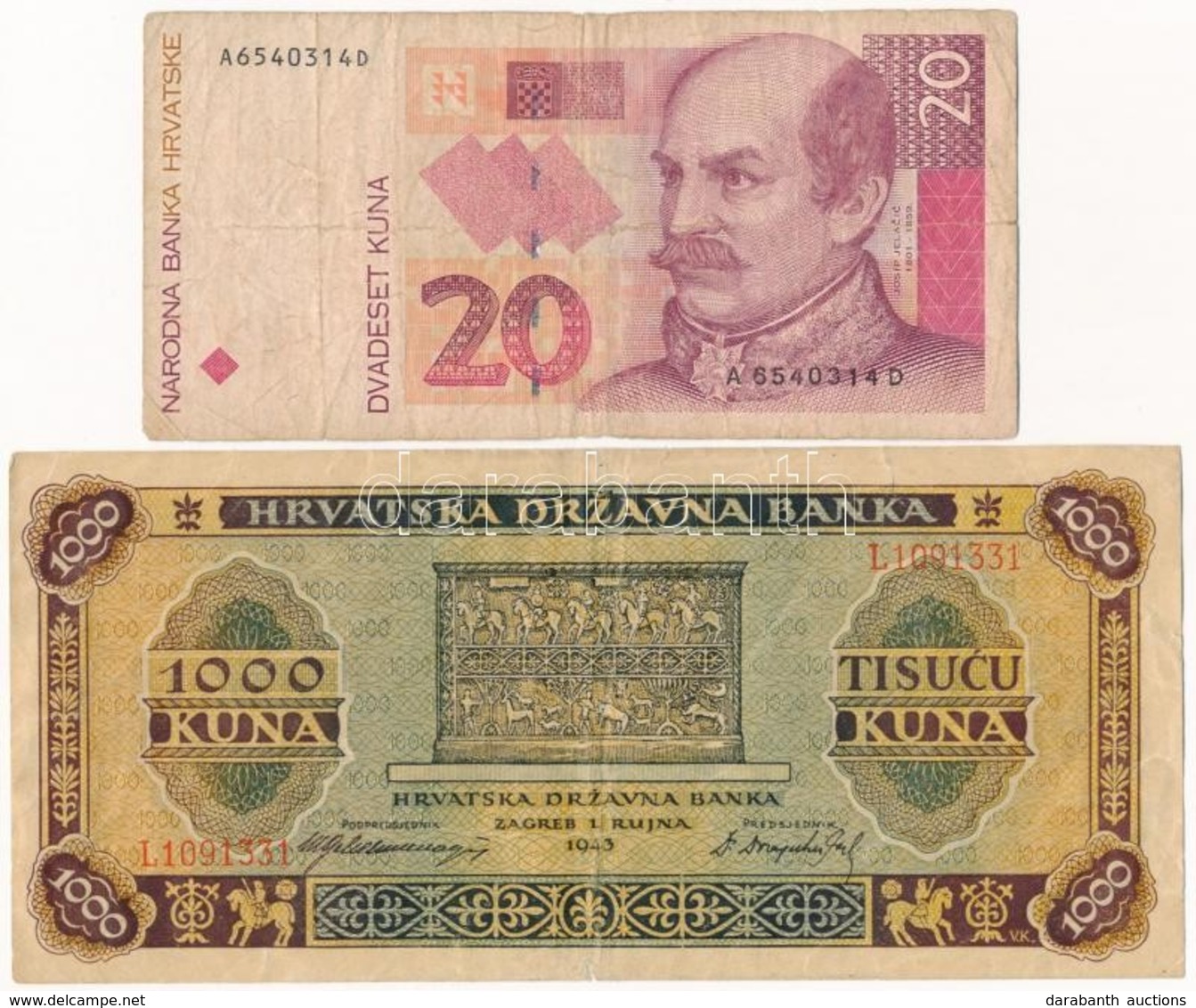 Független Horvát Állam 1943. 1000K + Horvátország 1993. 20K T:III,III-
Independent State Of Croatia 1943. 1000 Kuna + Cr - Non Classés