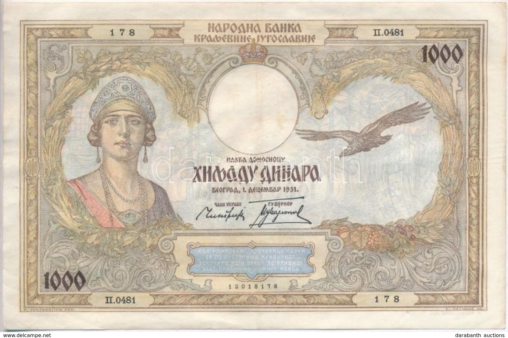 Jugoszlávia 1931. 1000D T:II,II-
Yugoslavia 1931. 1000 Dinara C:XF,VF
Krause 29. - Unclassified