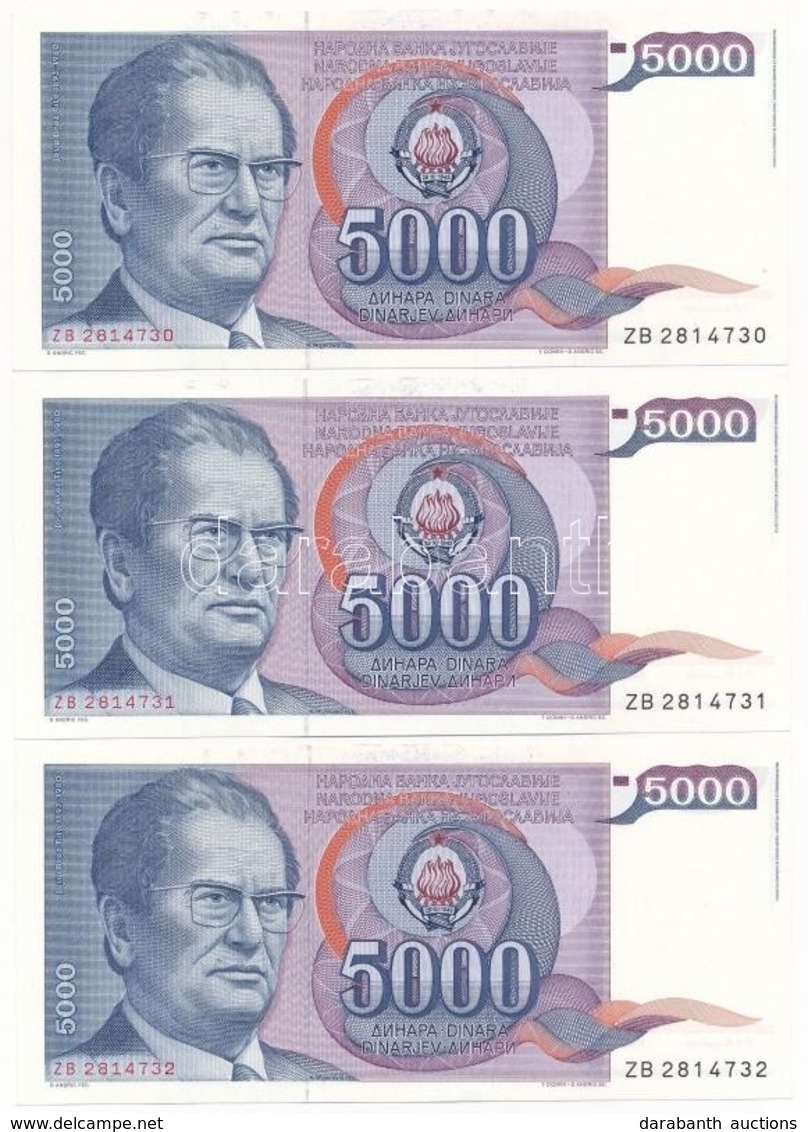 Jugoszlávia 1985. 5000D (3x) Sorszámkövetők T:I-
Yugoslavia 1985. 5000 Dinara (3x) Sequential Serials C:AU - Zonder Classificatie