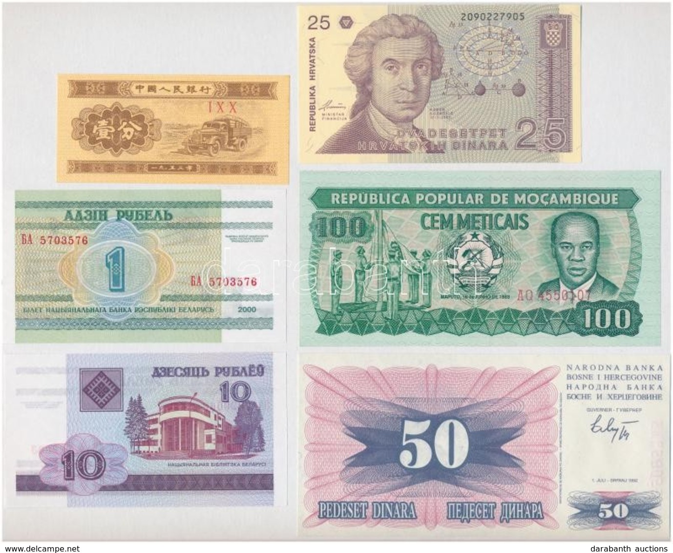 6db-os Vegyes Külföldi Bankjegy Tétel, Közte Mozambik 1983. 100M, Bosznia-Hercegovina 1992. 50D T:I,I-
6pcs Of Various B - Non Classés