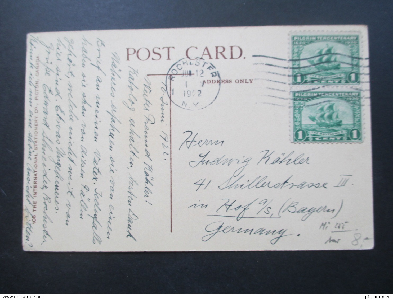 USA 1922 Nr. 255 MeF (senkrechtes Paar) AK Niagara Falls Ontario Stempel Rochester Nach Hof A / S - Briefe U. Dokumente