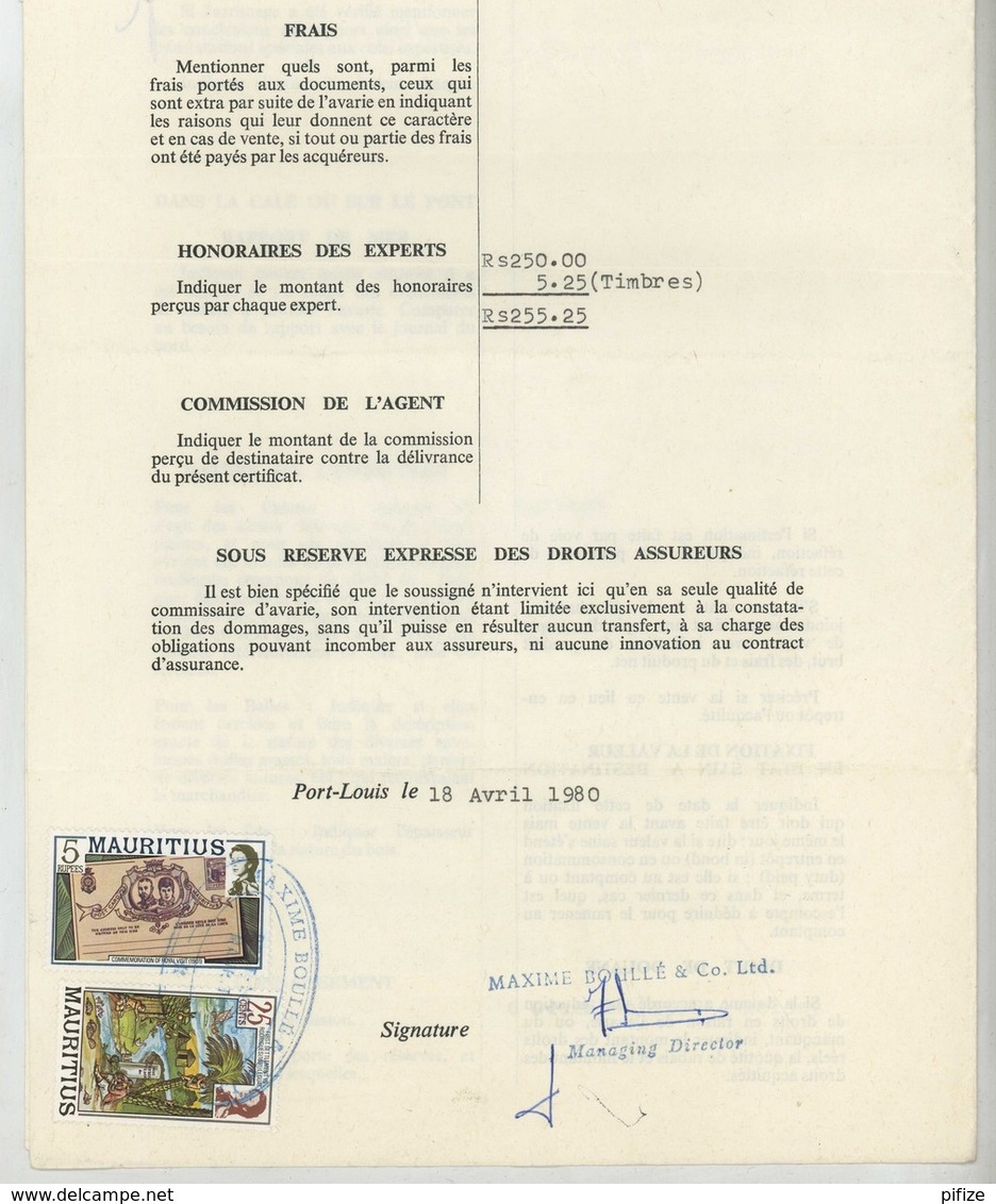 (Maurice) Mauritius. Timbres Postaux Utilisés Comme Fiscaux Sur Certificat D'avaries 1980. Bateau "Air France 1333" . - Maurice (1968-...)