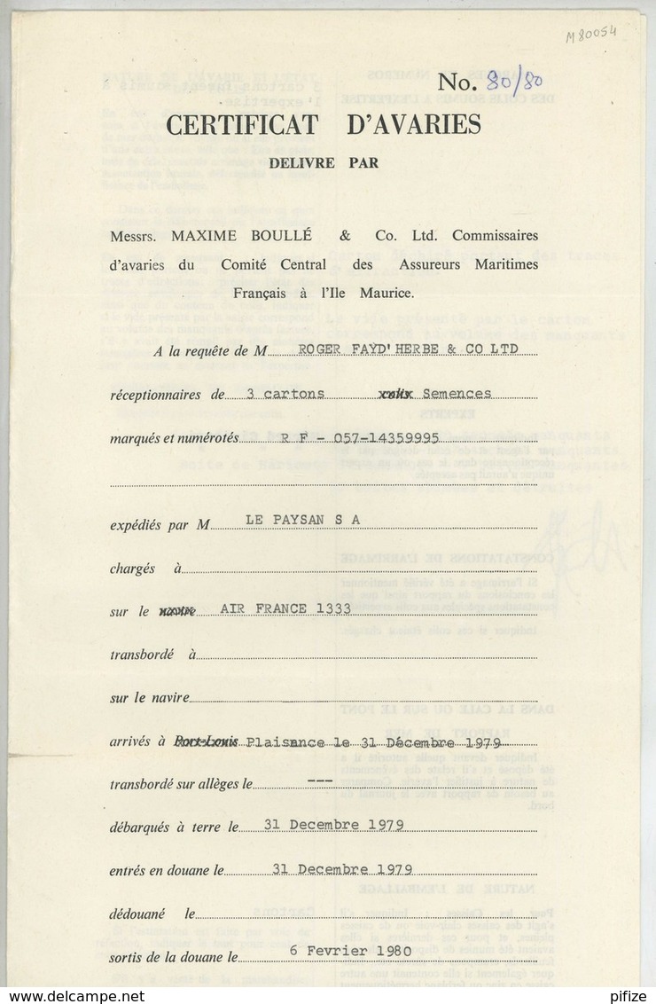 (Maurice) Mauritius. Timbres Postaux Utilisés Comme Fiscaux Sur Certificat D'avaries 1980. Bateau "Air France 1333" . - Maurice (1968-...)