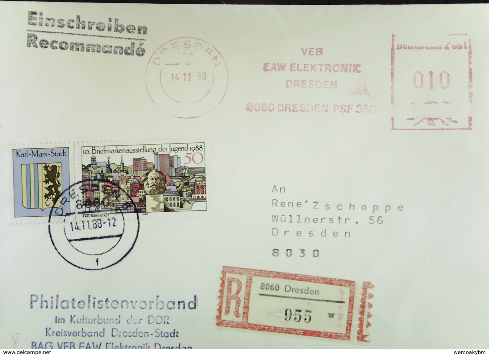 DDR: E-Orts-Brief Mit AFS =DP 010= Und SoMke Mit ZF Als Zusatzfr. Aus 8060 Dresden (955) Vom 14.11.88 Knr: 3176, AFS - Sonstige & Ohne Zuordnung