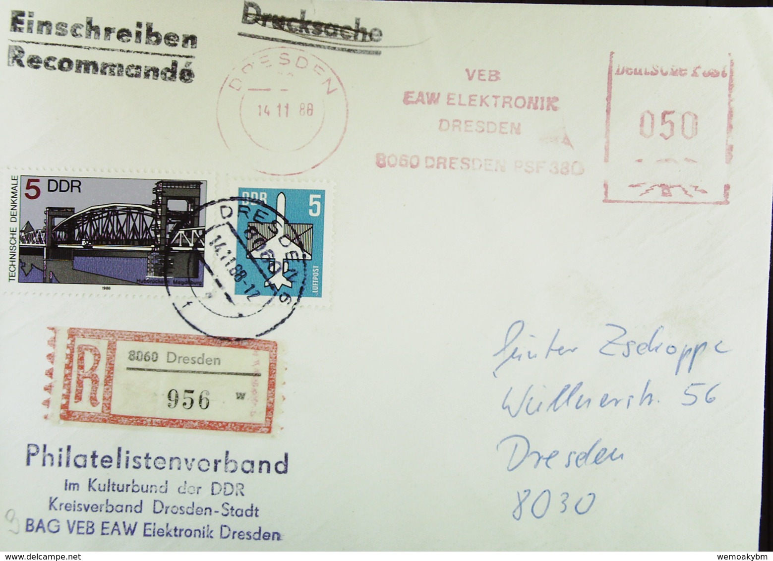 DDR: E-Orts-Brief Mit AFS =DP 050= Und SoMke Als Zusatzfr. Aus 8060 Dresden (956) Vom 14.11.88 Knr: 3176, AFS, Ua. - Sonstige & Ohne Zuordnung